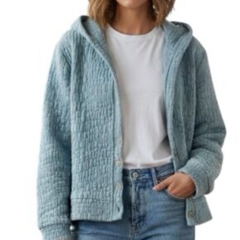 World Market Blue Cotton Blend Quilted Cropped Cardigan Jacket Sweater OS